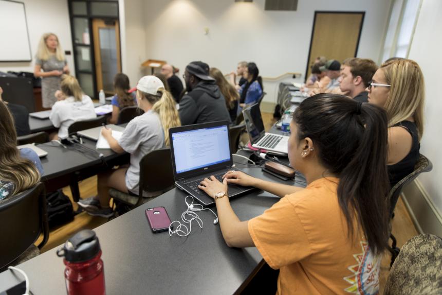 Professor Susan Haire teaching her research methods during a criminal justice class in one of the classrooms in Candler Hall.